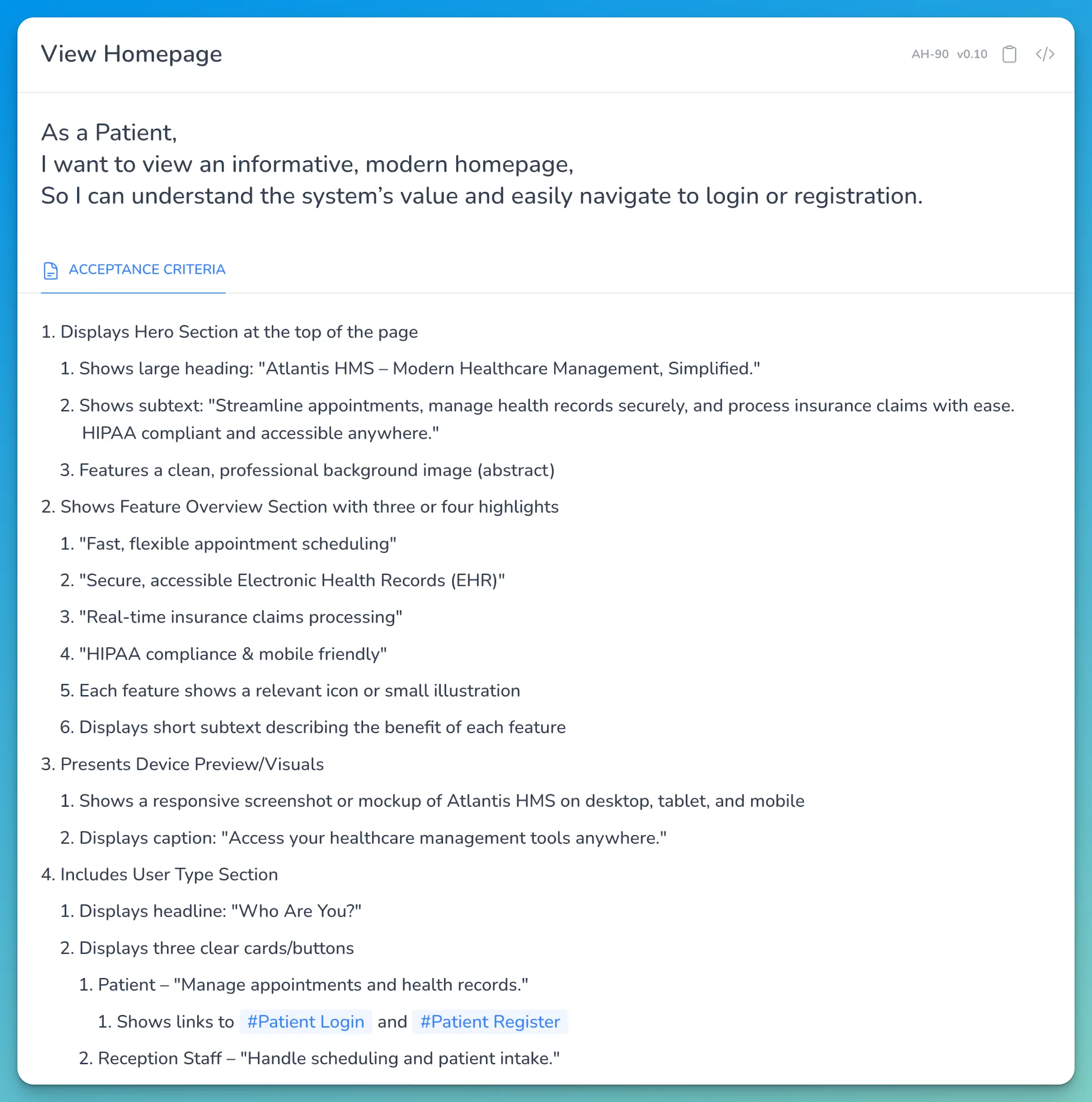 Userdoc generated software requirement with acceptance criteria