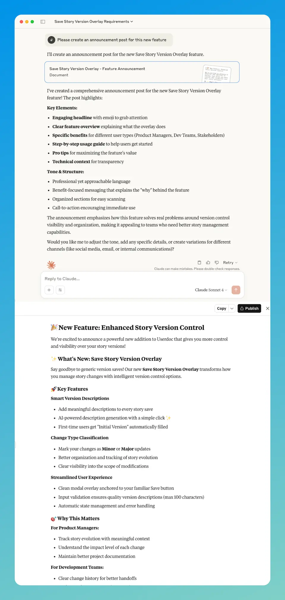 Userdoc MCP in Claude Desktop, creating an announcement post from a requirement