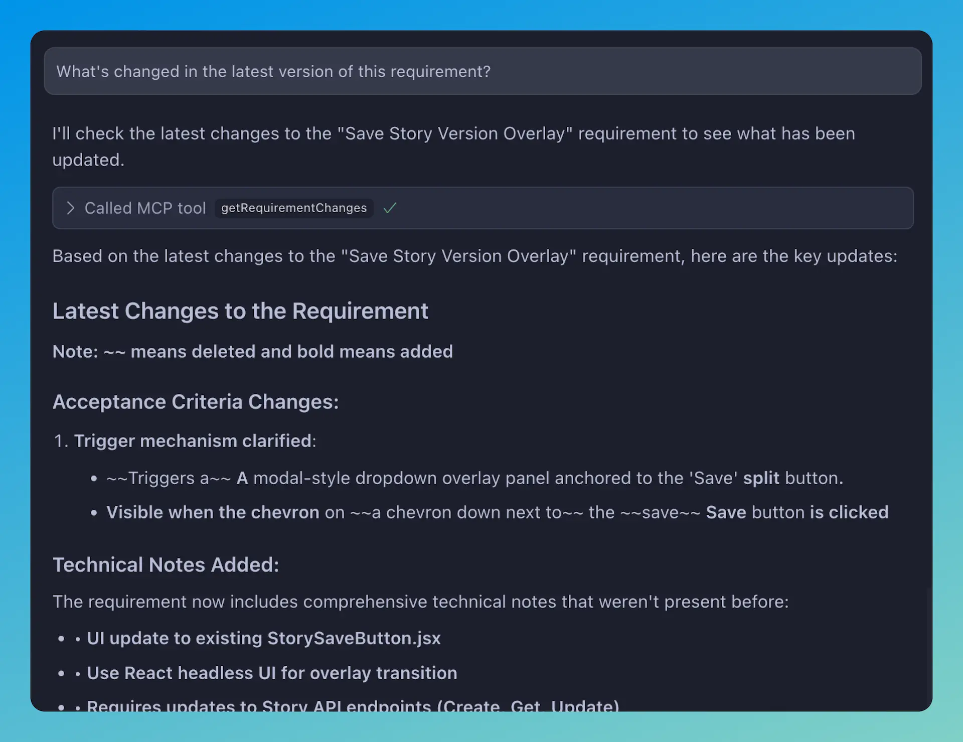 Userdoc MCP showing latest changes to a requirement