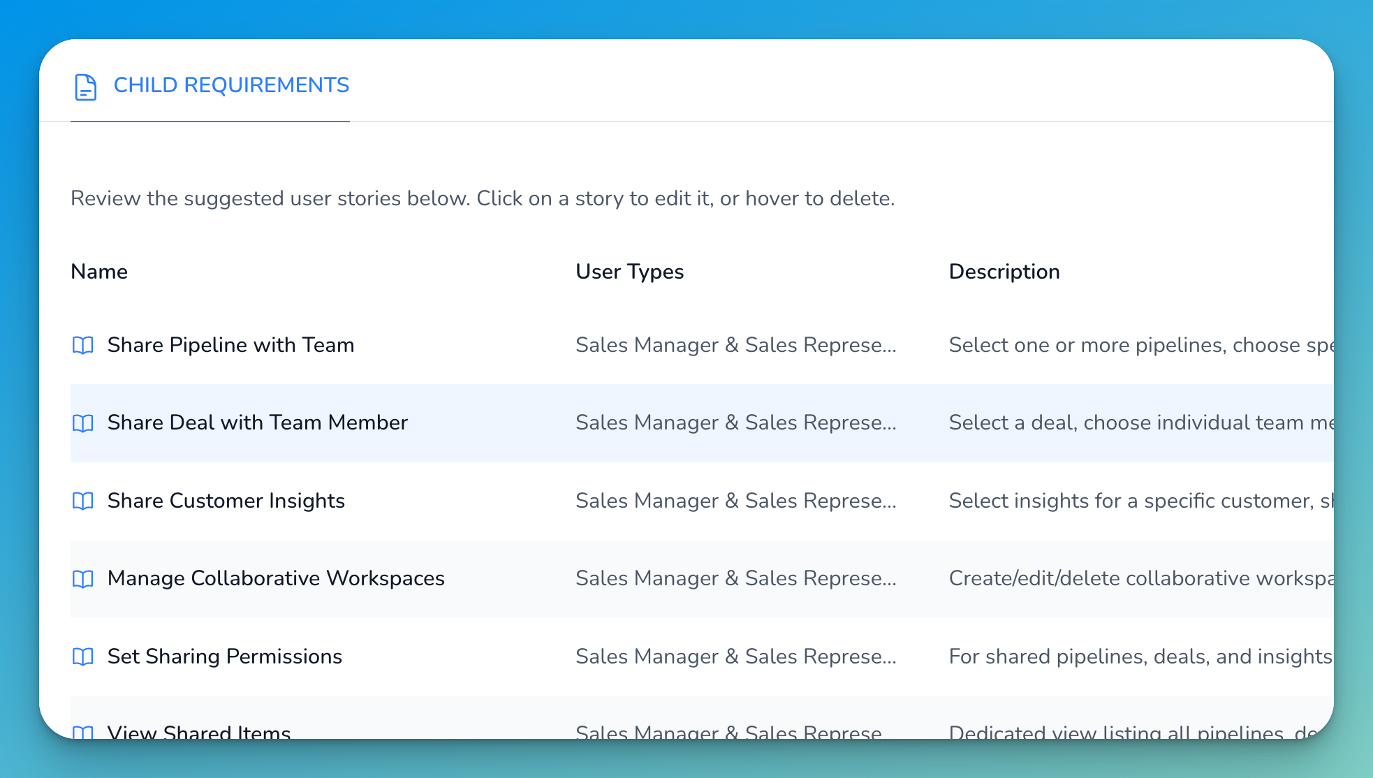 Generating user stories within an epic