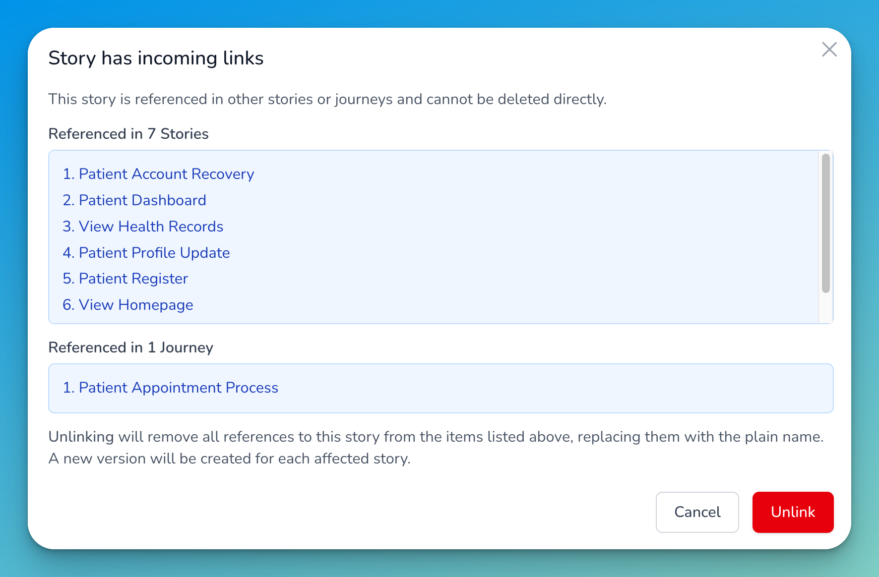 Userdoc showing linked entities before deletion with one-click unlinking
